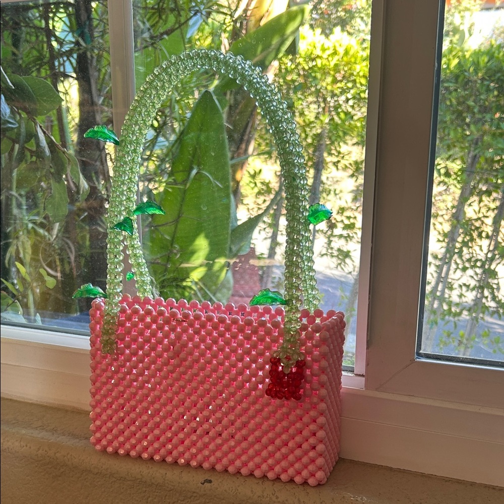 Susan Alexandra Rose Pink and Green Beaded Bag
